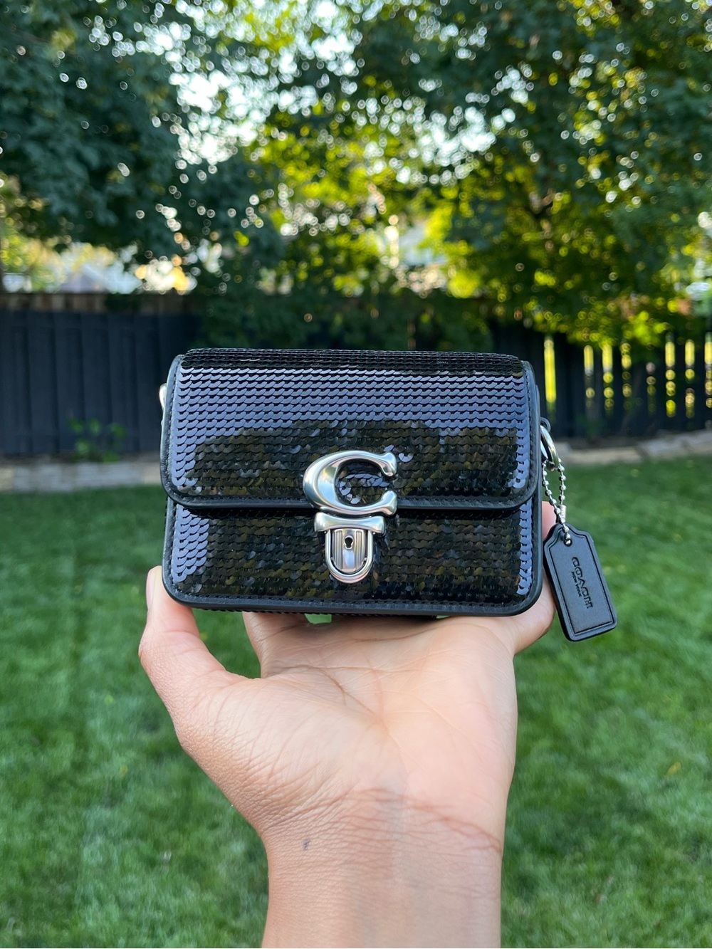 Coach Studio 12 Black Sequin Crossbody Mini Bag with Silver Hardware